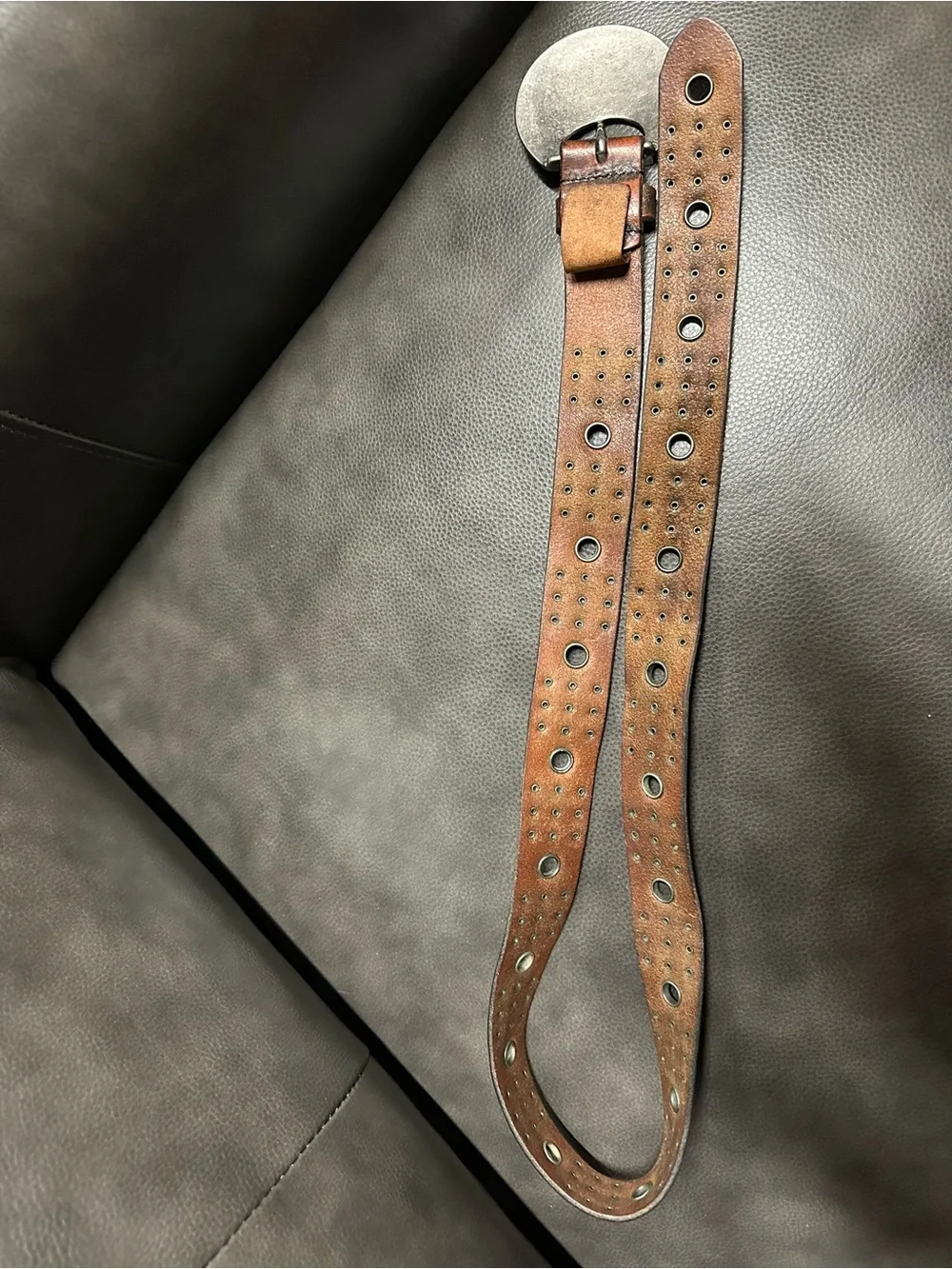 Armani Jeans Distressed Leather Belt with Large Silver Branded Buckle
